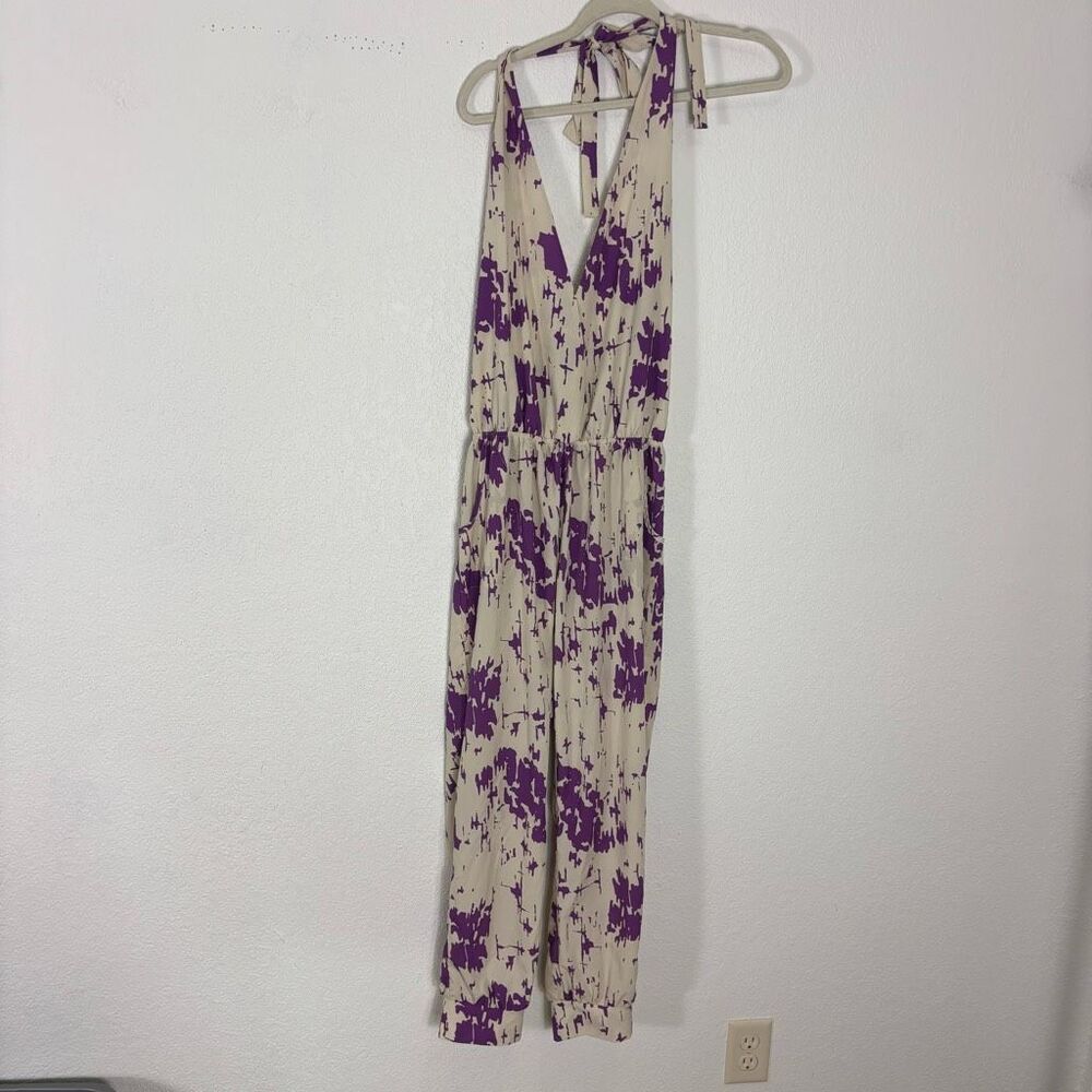Karen Zambos Bone with Purple Patterned‎ V Neck Halter Jumpsuit Size Medium